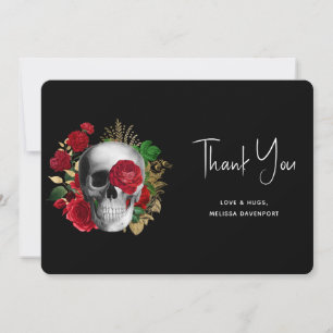 Goth Skull med Red Flowers & Guld Löv Tack Kort
