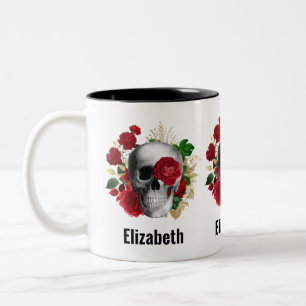 Goth Skull med Red Flowers & Guld Löv Två-Tonad Mugg