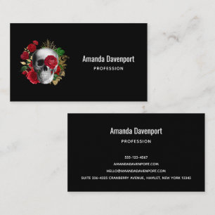 Goth Skull med Red Flowers & Guld Löv Visitkort