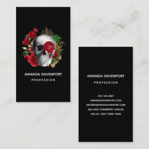 Goth Skull med Red Flowers & Guld Löv Visitkort
