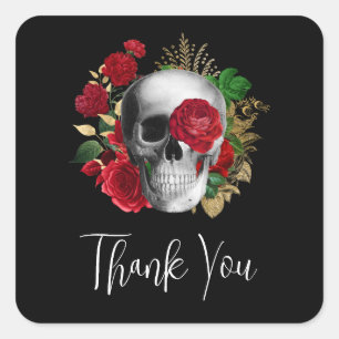Goth Skull med Red Flowers Tack Fyrkantigt Klistermärke