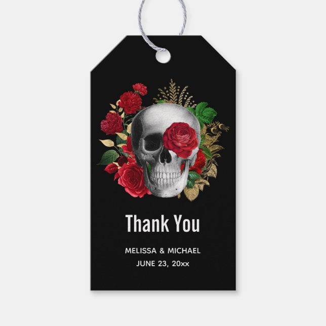 Goth Skull med Red Flowers Tack Presentetikett (Framsidan)