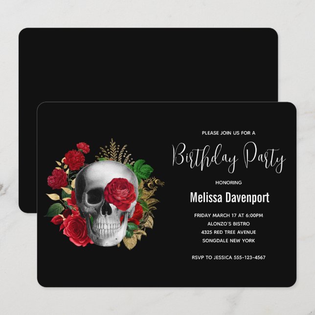 Goth Skull med Röd ros födelsedag Inbjudningar (Fram/baksida)