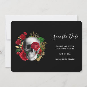 Goth Skull med Röd ros & Guld Löv Spara Datumet