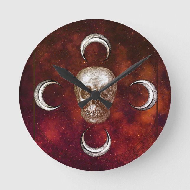 Goth Skull och Måne Celestial Rund Klocka (Framsida)