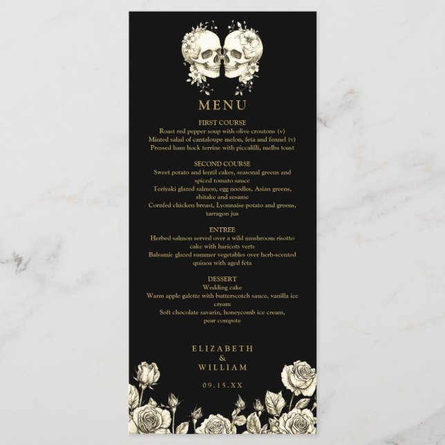Goth Skulls Blommig Svart Och Guld Gotiskt Bröllop Meny (Framsida)