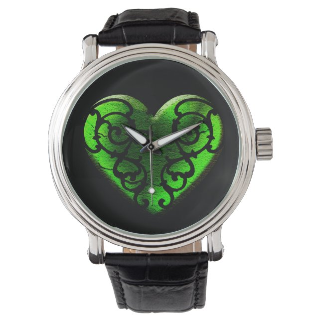 Goth St. Patrick's Day Grön hjärtklocka Armbandsur (Framsida)