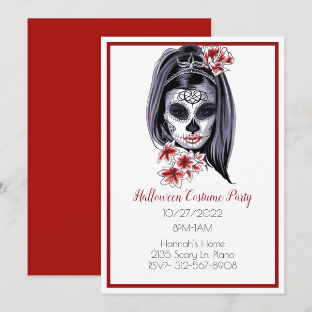 Goth Sugar Skull Girl Halloween-inbjudan Inbjudningar (Fram/baksida)