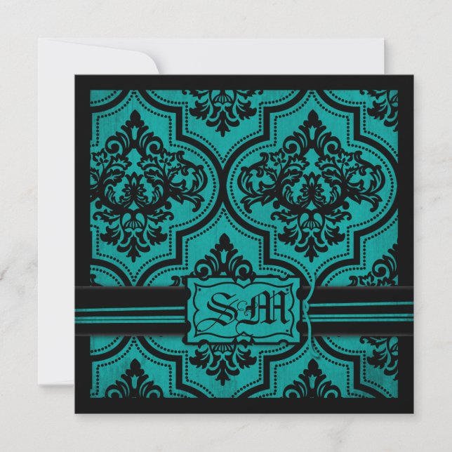 Goth Teal Black Damask bröllop inbjuden Inbjudningar (Framsida)