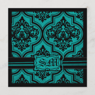 Goth Teal Black Damask bröllop inbjuden Inbjudningar