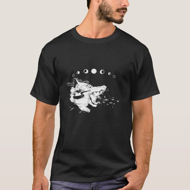 Goth Varg with Måne Phases, Witch Artwork T Shirt (Framsida)