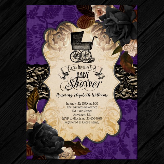 Goth Victorian Lila Baby Shower-inbjudan Inbjudningar (Front)