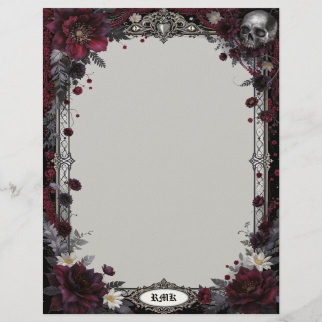 Goth with Red & White Flowers & Skull Stationery Brevhuvud (Framsida)