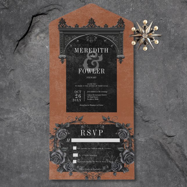 Gotham Black Arch & Black Ro Rust, ingen middag (Gothic Black Arch & Black Roses Rust No Dinner All In One Invitation)