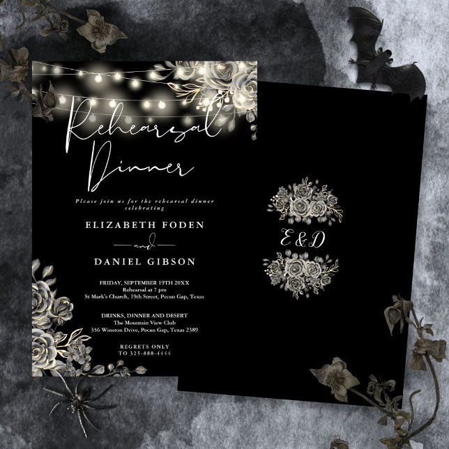 Gotham Black Blommigt Ljus Rehearsal Middag Inbjudningar (Gothic Black Floral Lights Rehearsal Dinner Invitation)