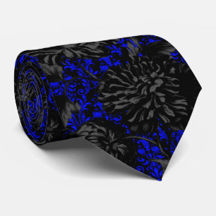 Gotham Black & Blue Damask Blommigt Bröllop Neck T Slips
