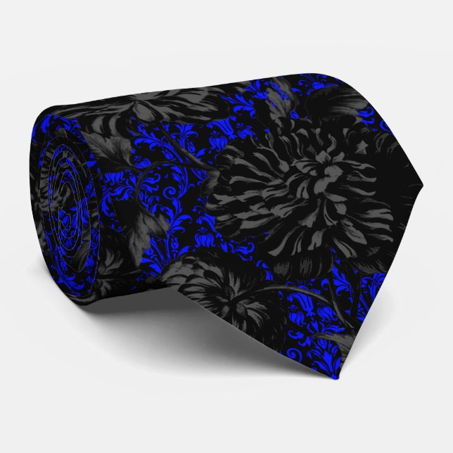 Gotham Black & Blue Damask Blommigt Bröllop Neck T Slips (Rullad)