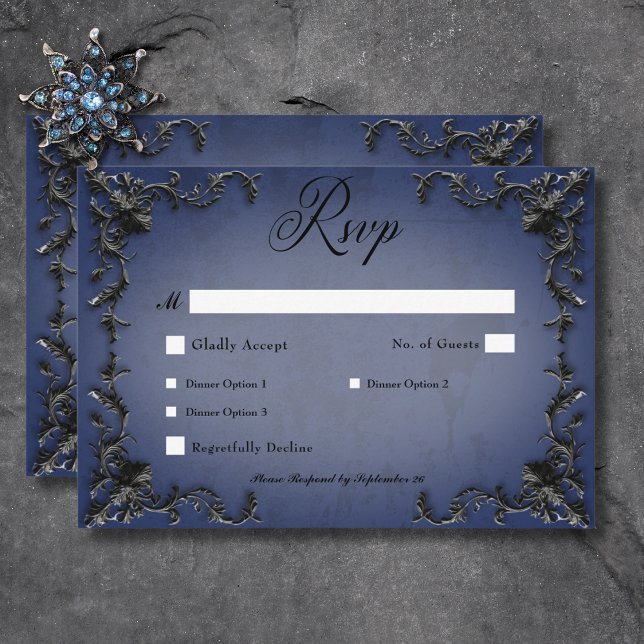 Gotham Black & Blue Filigree Heart Middag OSA Kort (Gothic Black & Blue Filigree Heart Dinner RSVP Card)