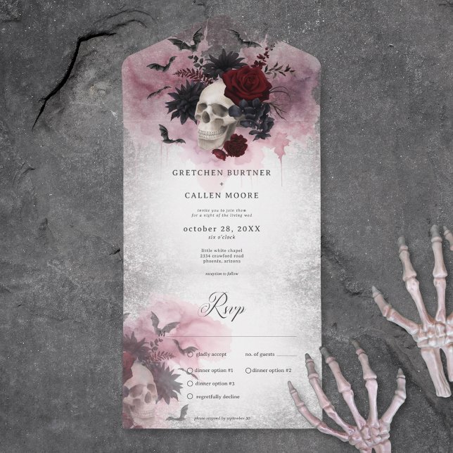 Gotham Black & Burgundy Skull & Fladdermus Middag (Gothic Black & Burgundy Skull & Bats Dinner All In One Wedding Invitation)