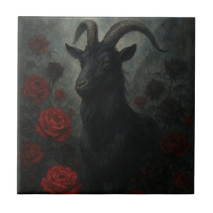 Gotham Black Goat med Röd ros Mörk Art Kakelplatta