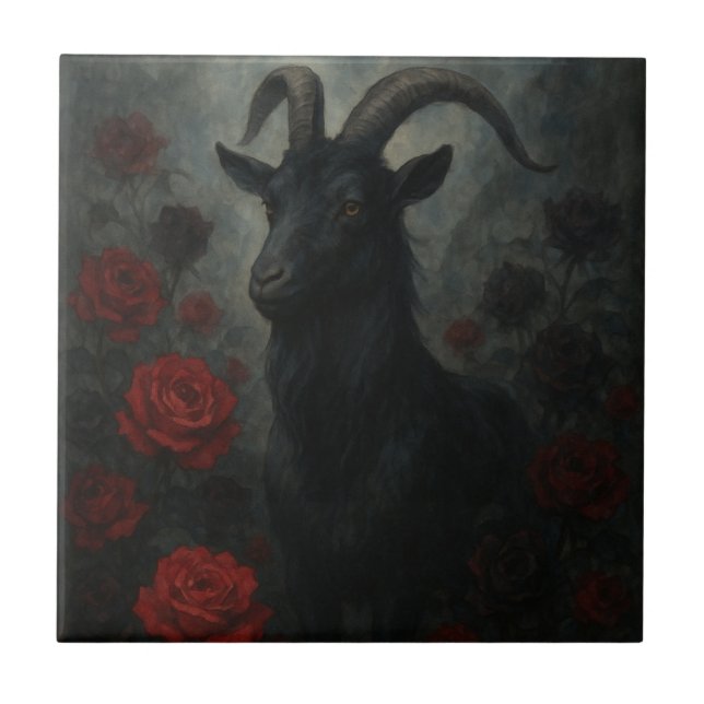 Gotham Black Goat med Röd ros Mörk Art Kakelplatta (Framsidan)