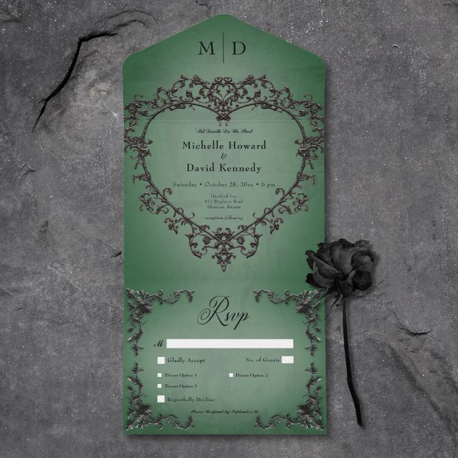 Gotham Black & Grönt Filigree Heart Middag (Gothic Black & Green Filigree Heart Dinner All In One Invitation)