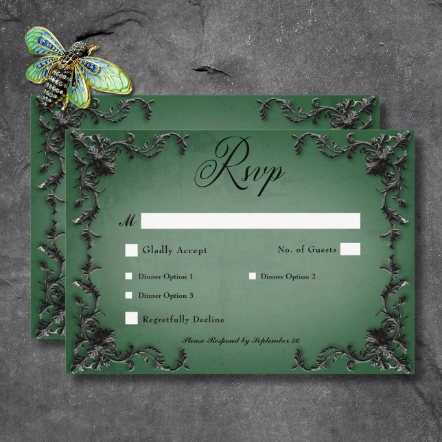 Gotham Black & Grönt Filigree Heart Middag OSA Kort (Gothic Black & Green Filigree Heart Dinner RSVP Card)