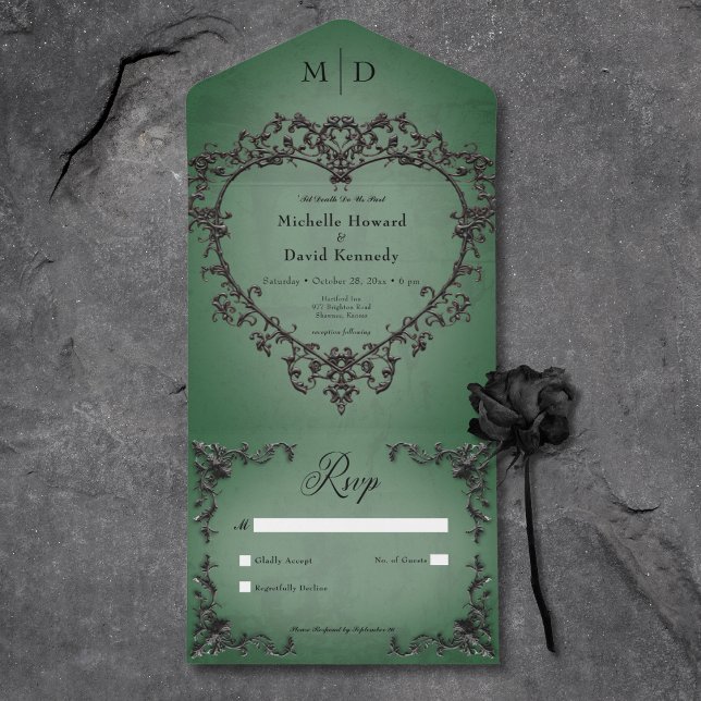 Gotham Black & Grönt Filigree Heart No Middag (Gothic Black & Green Filigree Heart No Dinner All In One Invitation)