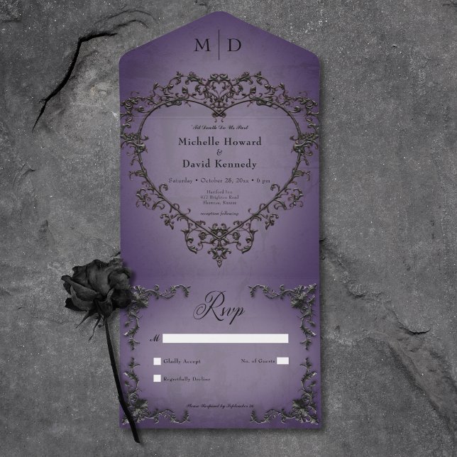 Gotham Black & Lila Filigree Heart - ingen middag (Gothic Black & Purple Filigree Heart No Dinner All In One Invitation)