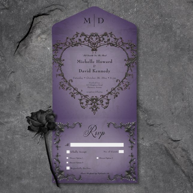 Gotham Black & Lila Filigree Heart Middag (Gothic Black & Purple Filigree Heart Dinner All In One Invitation)