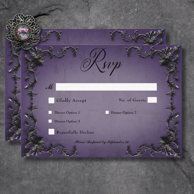 Gotham Black & Lila Filigree Heart Middag OSA Kort (Gothic Black & Purple Filigree Heart Dinner RSVP Card)