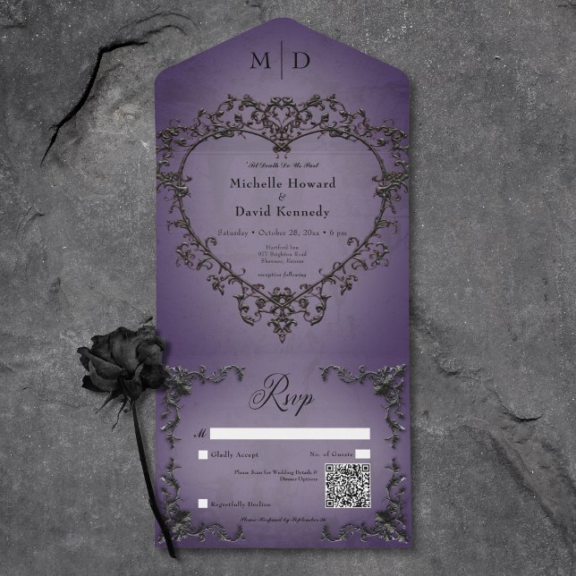 Gotham Black & Lila Filigree Heart QR-kod (Gothic Black & Purple Filigree Heart QR Code All In One Invitation)