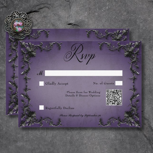 Gotham Black & Lila Filigree Heart QR-kod OSA Kort (Gothic Black & Purple Filigree Heart QR Code RSVP Card)
