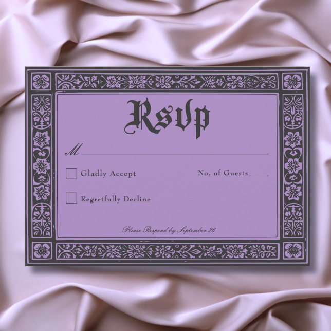 Gotham Black Lila Medieval till Bröllop OSA Kort (Gothic Black Purple Medieval Until Death Wedding RSVP Card)