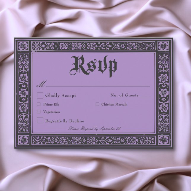 Gotham Black Lila Medieval till Bröllop OSA Kort (Gothic Black Purple Medieval Until Death Wedding RSVP Card)