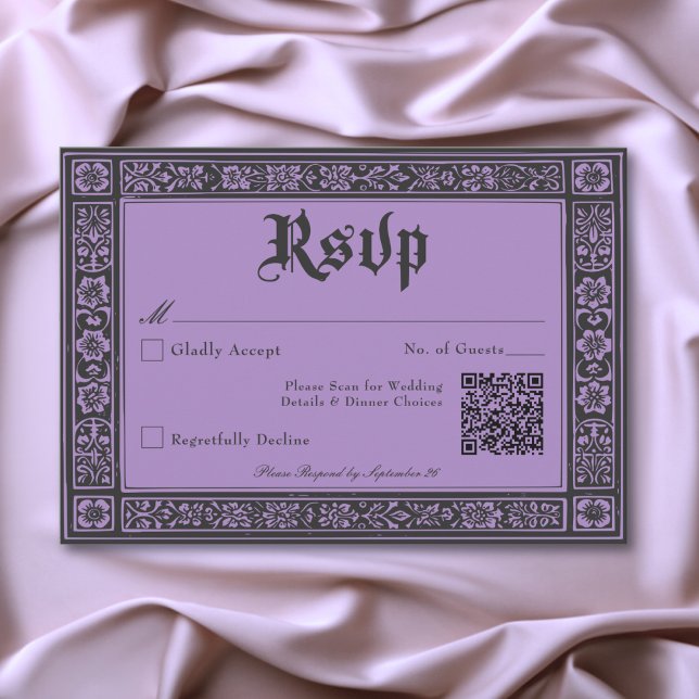 Gotham Black Lila Medieval till Bröllop OSA Kort (Gothic Black Purple Medieval Until Death Wedding RSVP Card)