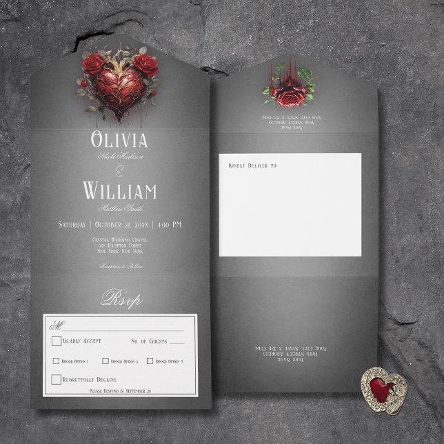 Gotham Black Mörk Heart & Röd ros Middag (Gothic Black Dark Heart & Red Roses All In One Wedding Invitation with Dinner Options)