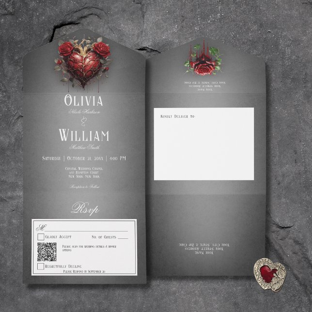 Gotham Black Mörk Heart & Röd ros QR-kod (Gothic Black Dark Heart & Red Roses All In One Wedding Invitation with QR Code)