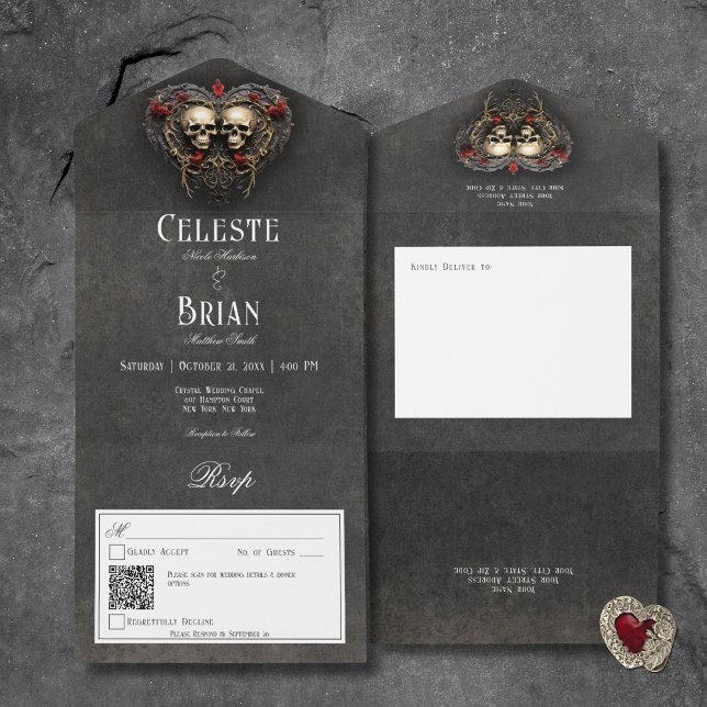 Gotham Black & Red-Döskallar & Heart Black QR-kod (Gothic Black & Red Skulls & Heart Black All In One Wedding Invitation with QR Code)