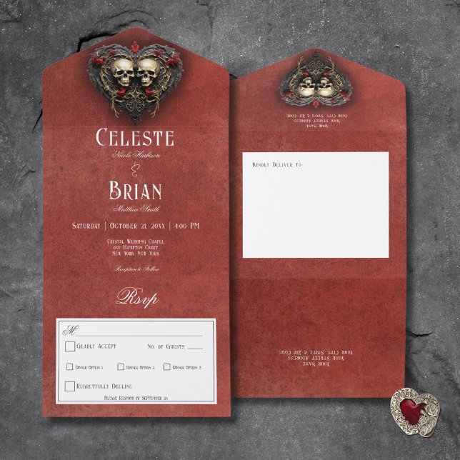 Gotham Black & Red-Döskallar och Heart Red-middag (Gothic Black & Red Skulls & Heart Red All In One Wedding Invitation with Dinner Options)