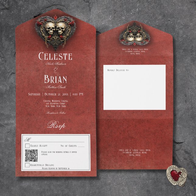 Gotham Black & Red-Döskallar och Heart Red QR-kod (Gothic Black & Red Skulls & Heart Red All In One Wedding Invitation with QR Code)