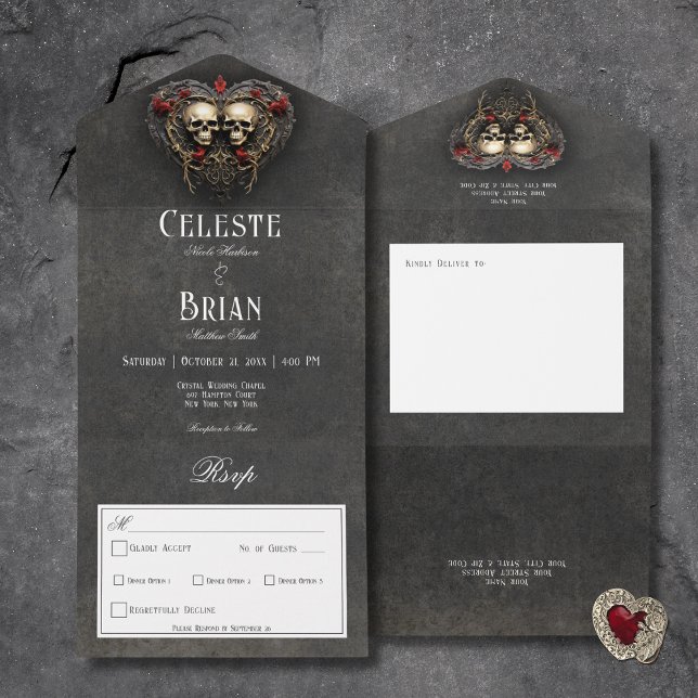 Gotham Black & Red Döskallars & Heart Black Middag (Gothic Black & Red Skulls & Heart Black All In One Wedding Invitation with Dinner Options)