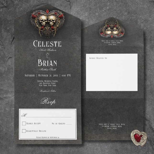 Gotham Black & Red Döskallars & Heart Black No-mid (Gothic Black & Red Skulls & Heart Black All In One Wedding Invitation without Dinner Options)