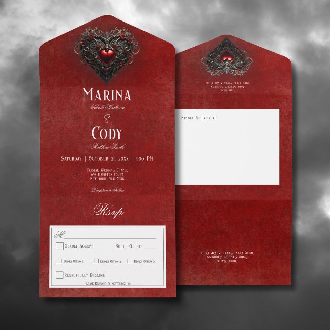Gotham Black & Red Filigree Heart Red Midinner (Gothic Black & Red Filigree Heart Red All In One Wedding Invitation with Dinner Options)