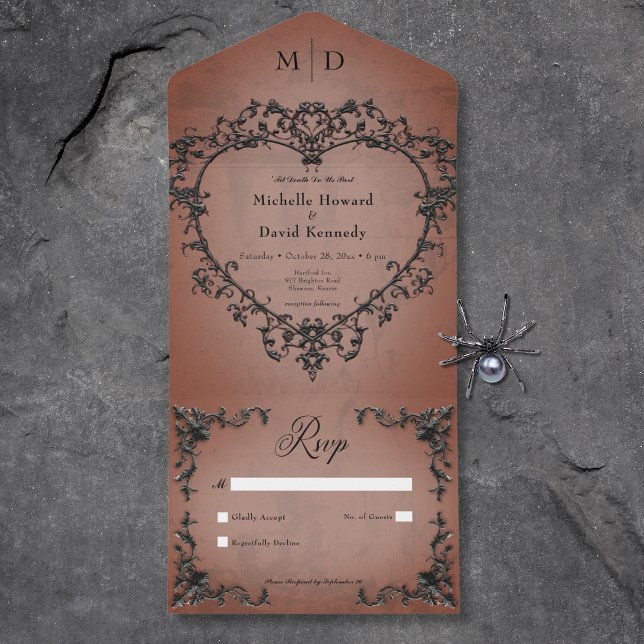 Gotham Black & Rust Filigree Heart - ingen middag (Gothic Black & Rust Filigree Heart No Dinner All In One Invitation)