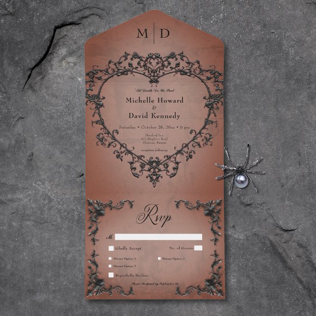 Gotham Black & Rust Filigree Heart Middag (Gothic Black & Rust Filigree Heart Dinner All In One Invitation)