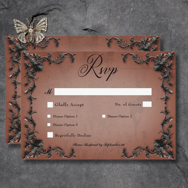 Gotham Black & Rust Filigree Heart Middag OSA Kort (Gothic Black & Rust Filigree Heart Dinner RSVP Card)