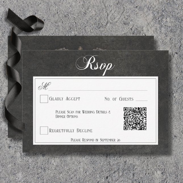 Gotham Black & White-Döskallar Heart Bröllop QR-ko OSA Kort (Gothic Black & White Skulls & Heart Wedding Response Card with QR Code)