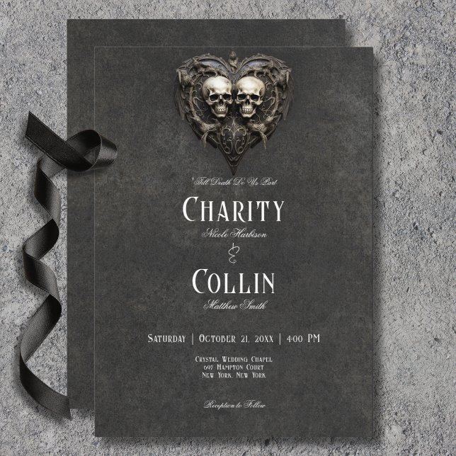 Gotham Black & White-Döskallar och Heart Bröllop Inbjudningar (Gothic Black & White Skulls & Heart Wedding Invitation)