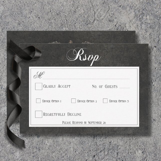 Gotham Black & White-Döskallar och Heart Bröllop-m OSA Kort (Gothic Black & White Skulls & Heart Wedding Response Card with Dinner Options)
